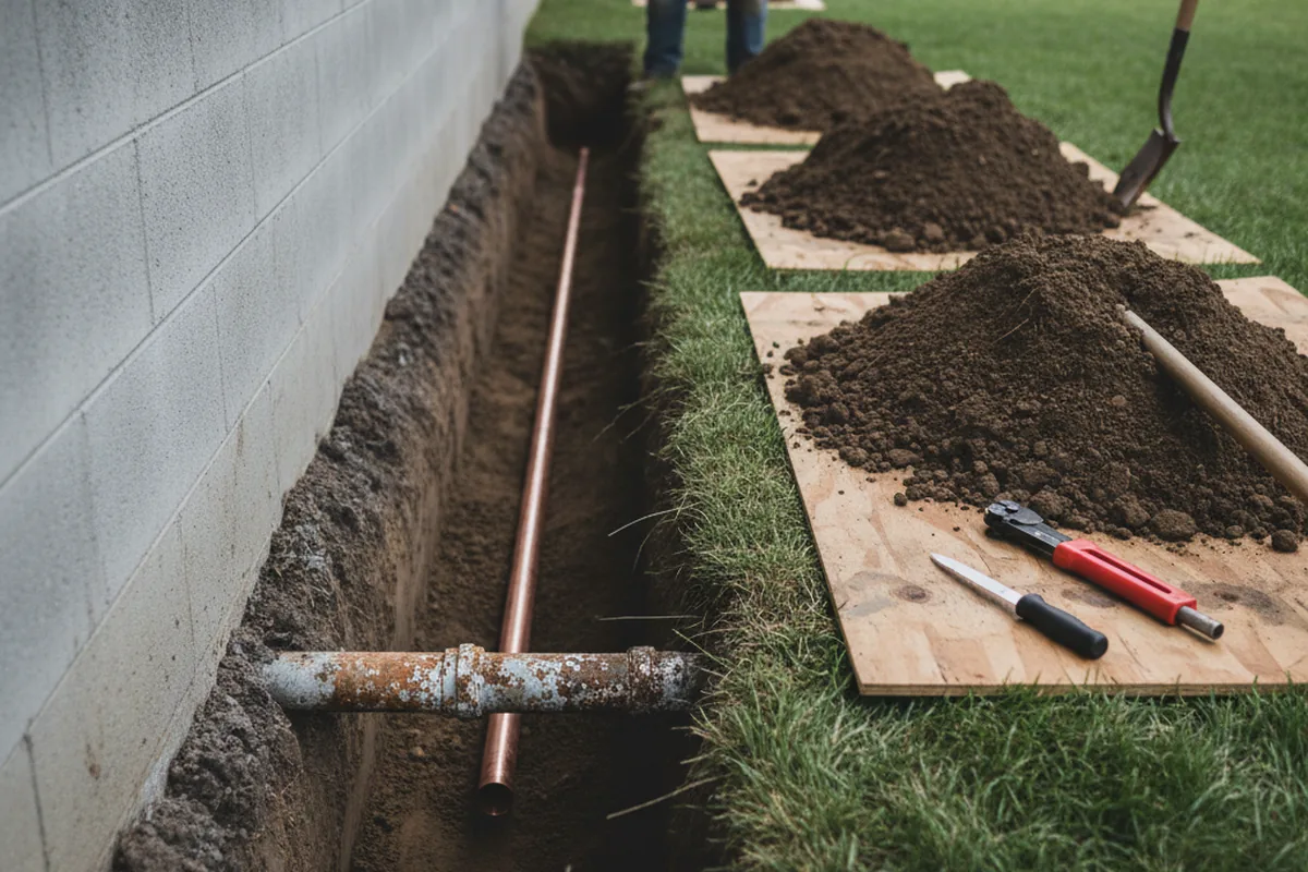 Excavated water line trench during Sewer Line Repair in Glenbeulah